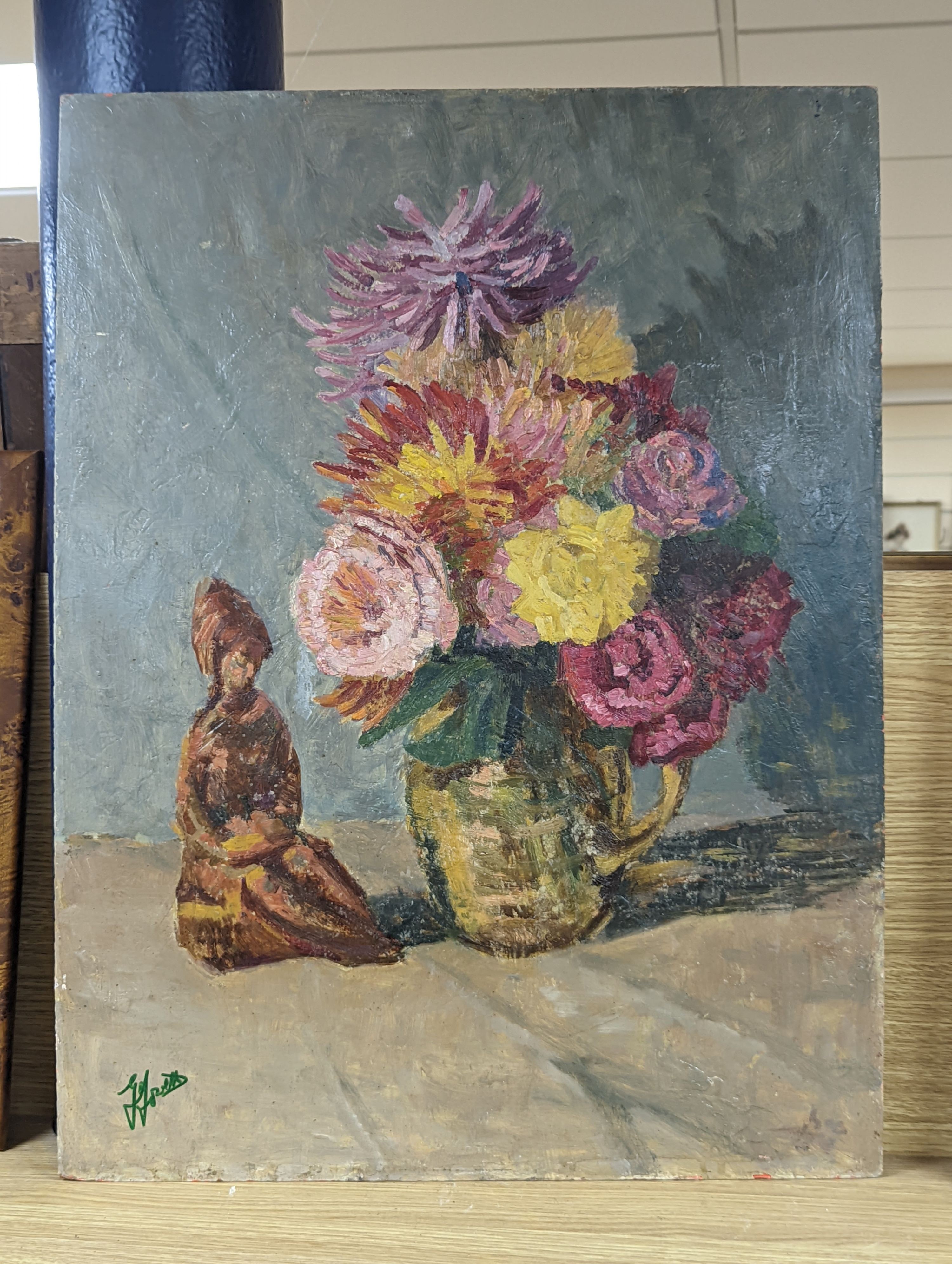 George Jowett, oil on board, Still life of flowers and a Chinese figure, signed, 61 x 46cm, unframed